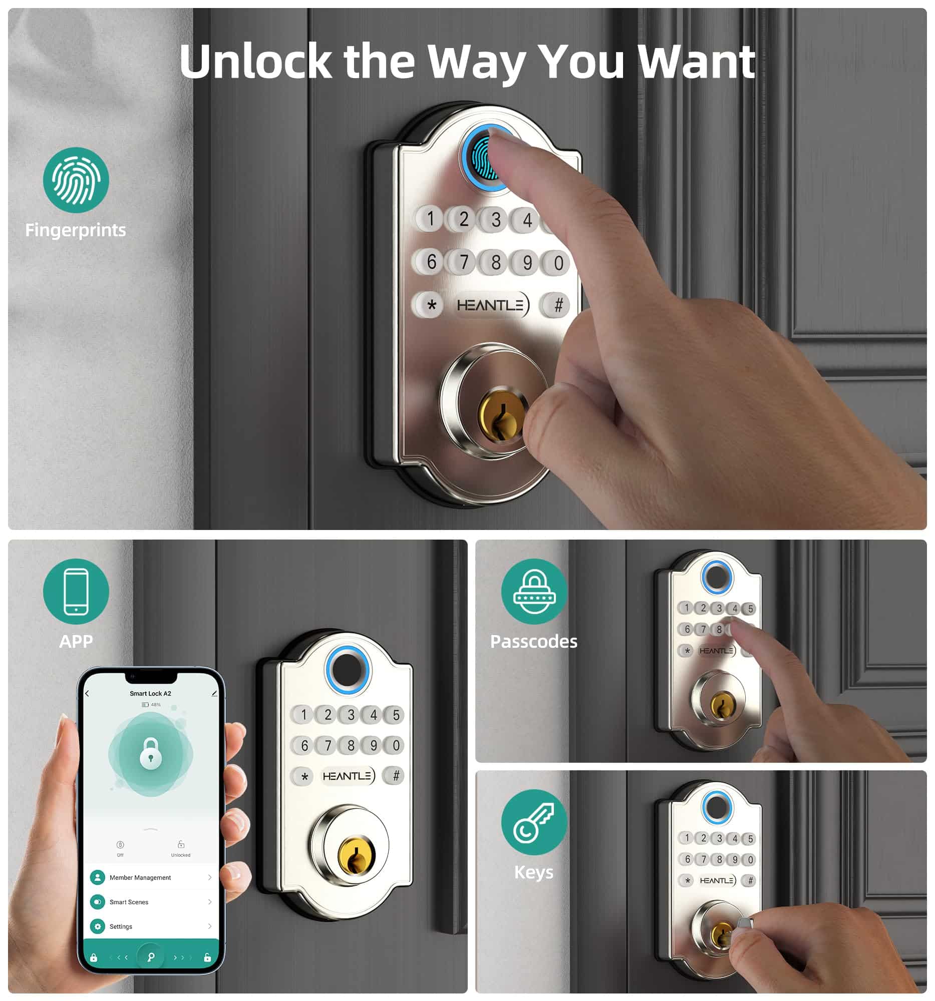 Silver smart lock with keypad and key